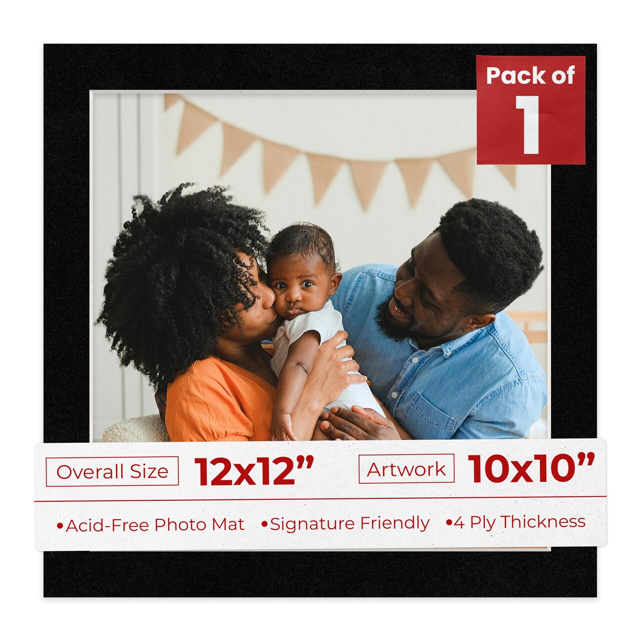 Black with Black Core Mat Board for 12x12 Frames - Fits 10x10 Photos